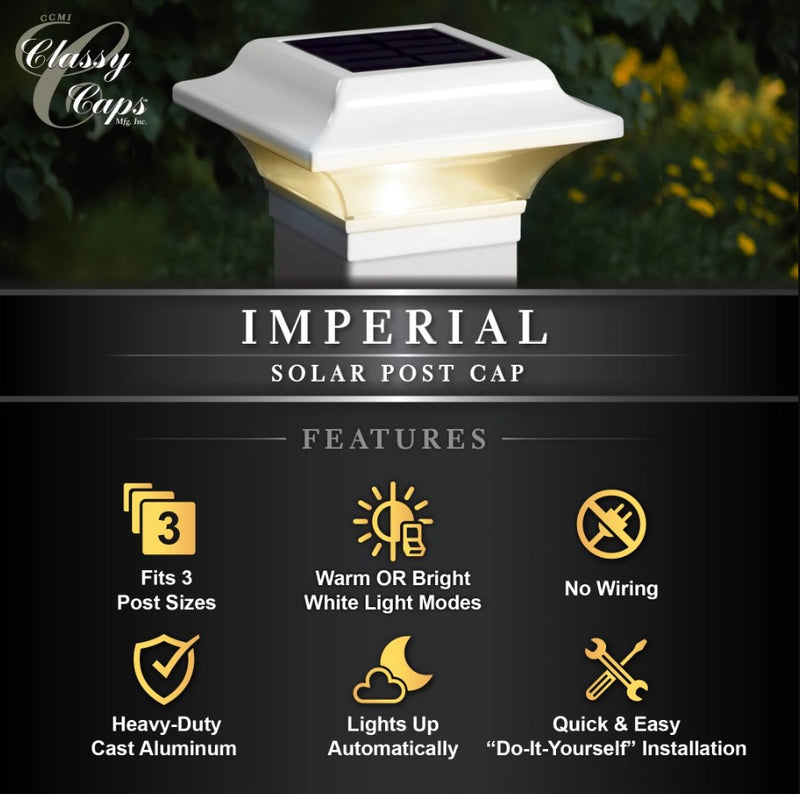 2x2 Imperial Solar Powered Post Cap Light - White (Fits 2", 2.25", 2.5" Rails)