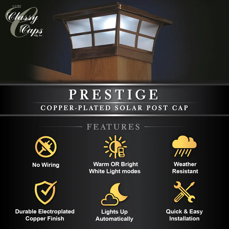 Prestige 6x6 Solar Post Cap Light - Copper Plated for 5-1/2" Wood Posts